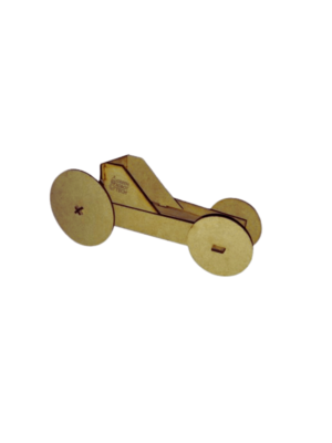 Side view of the assembled elastic-powered wooden car from Green Robot Tech, showcasing its sleek design and functionality