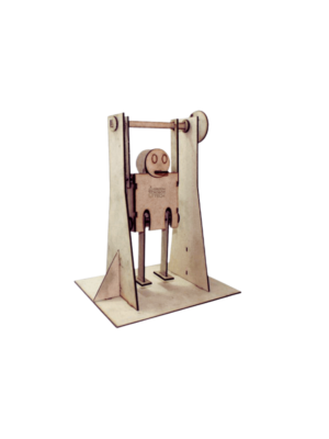 Fully assembled wooden acrobat model swinging on a frame, part of Green Robot Tech’s eco-friendly DIY kit for STEAM learning