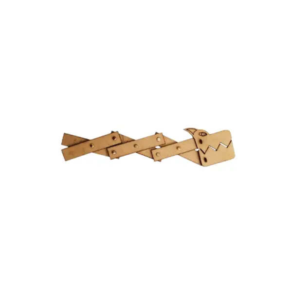 Full view of a wooden mechanical dragon model with movable joints, created for Green Robot Tech's STEAM learning kits.