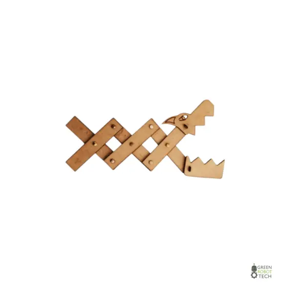 Wooden mechanical dragon model with movable joints, designed for hands-on STEAM education by Green Robot Tech.