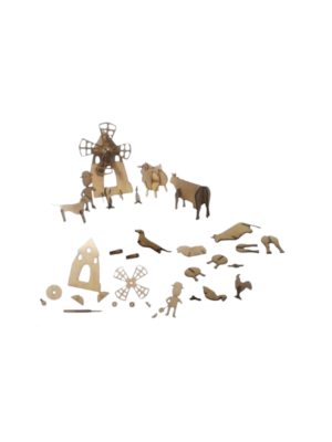 Unassembled wooden parts for Green Robot Tech’s DIY farm animal and windmill kit, fostering creativity and eco-conscious learning