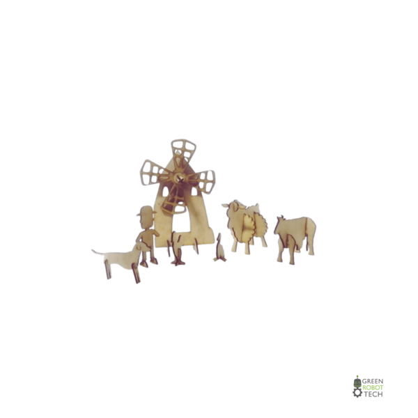 wooden farm animal figures including a sheep, cow and dog