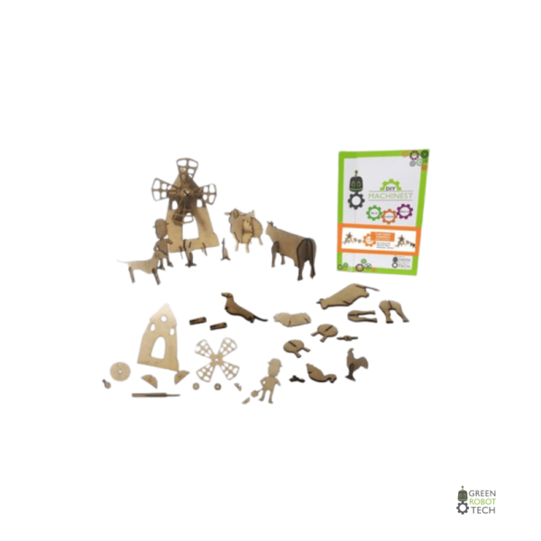 Complete set of wooden farm animal and windmill components from Green Robot Tech’s DIY kit, designed for hands-on education