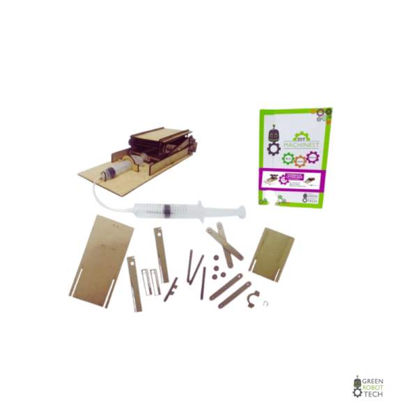 HLJ-PR-IMG-1-min Complete DIY hydraulic lift kit by Green Robot Tech, including wooden components, a syringe for hydraulic power, and eco-friendly branded packaging