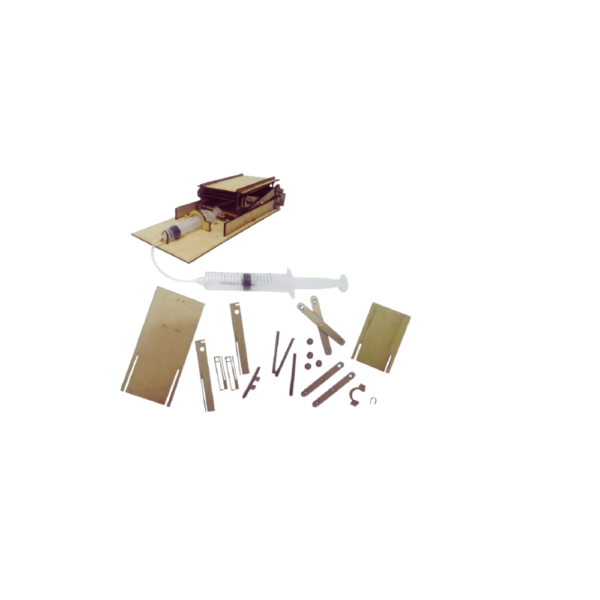 Unassembled wooden parts and syringe for Green Robot Tech’s hydraulic lift kit, shown with its branded STEAM-focused packaging