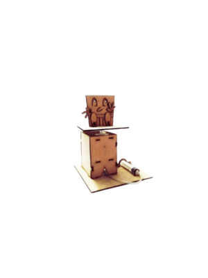 Assembled wooden pneumatic lift with a fun cartoon character platform, part of Green Robot Tech’s STEAM kit collection