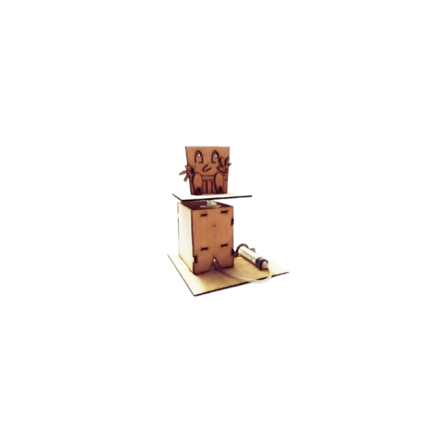 Assembled wooden pneumatic lift with a fun cartoon character platform, part of Green Robot Tech’s STEAM kit collection
